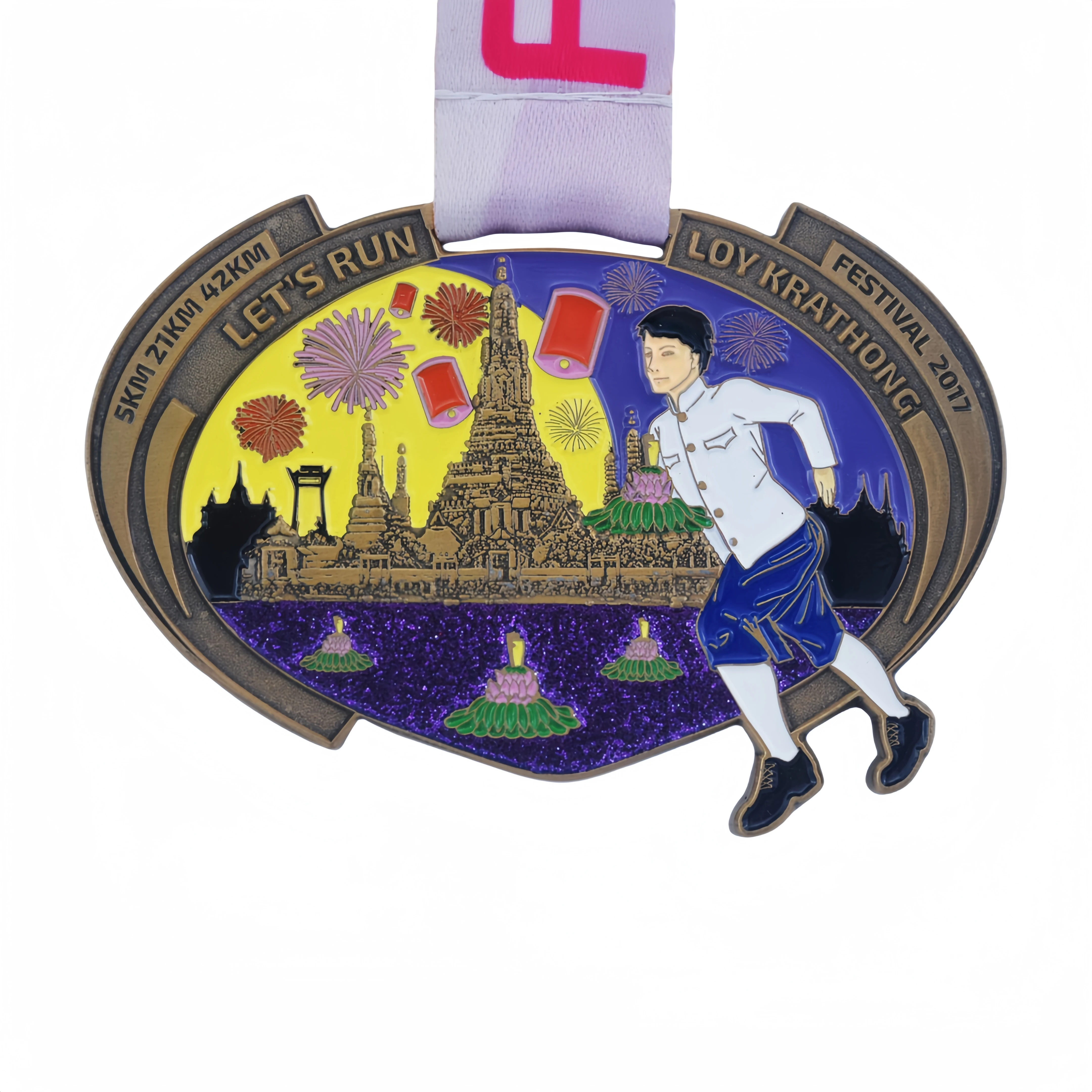 Custom Design High Quality Beautiful 5K 10K Medal Loy Krathong Fun Running Hollow out Antique Bronze Glitter Medal For Festival