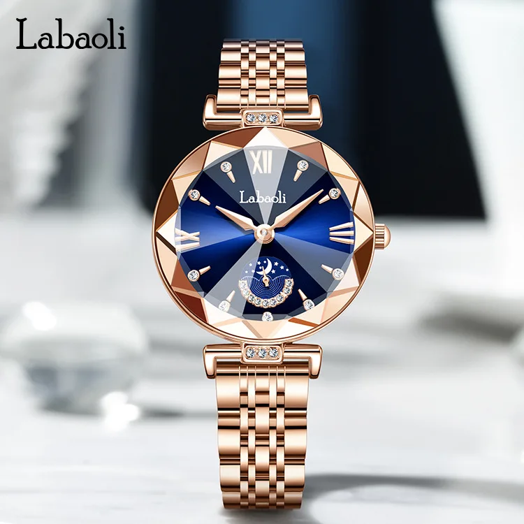 Labaoli Women Watch Stylish Steel Strap Fashionable Inlaid Moon Ladies Wristwatch Star Beaded Timepiece High quality Dress Clock