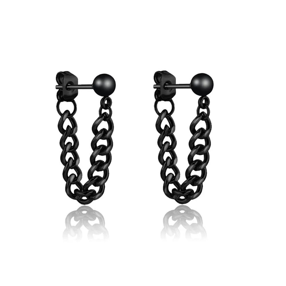 Mens Long Earings Stainless Steel Earrings Men Stud Chain Clip Dangle Punk Earrings For Men Black
