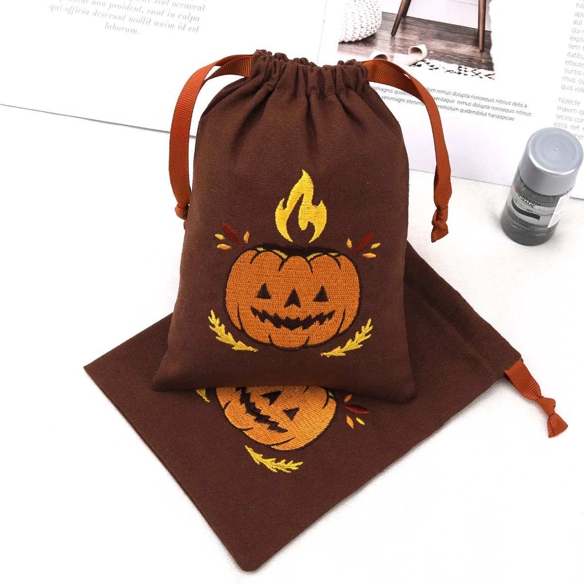Custom Embroidery Halloween Candy Packing Cotton Linen Pouch Drawstring Cotton Gift Bag With Ribbon