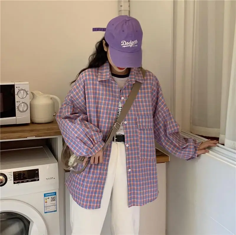 Deeptown Plaid Shirt Spring Fashion 2021 Long Sleeve Lattice Print Women Shirts Korean Style Loose Casual All-Match Clothes