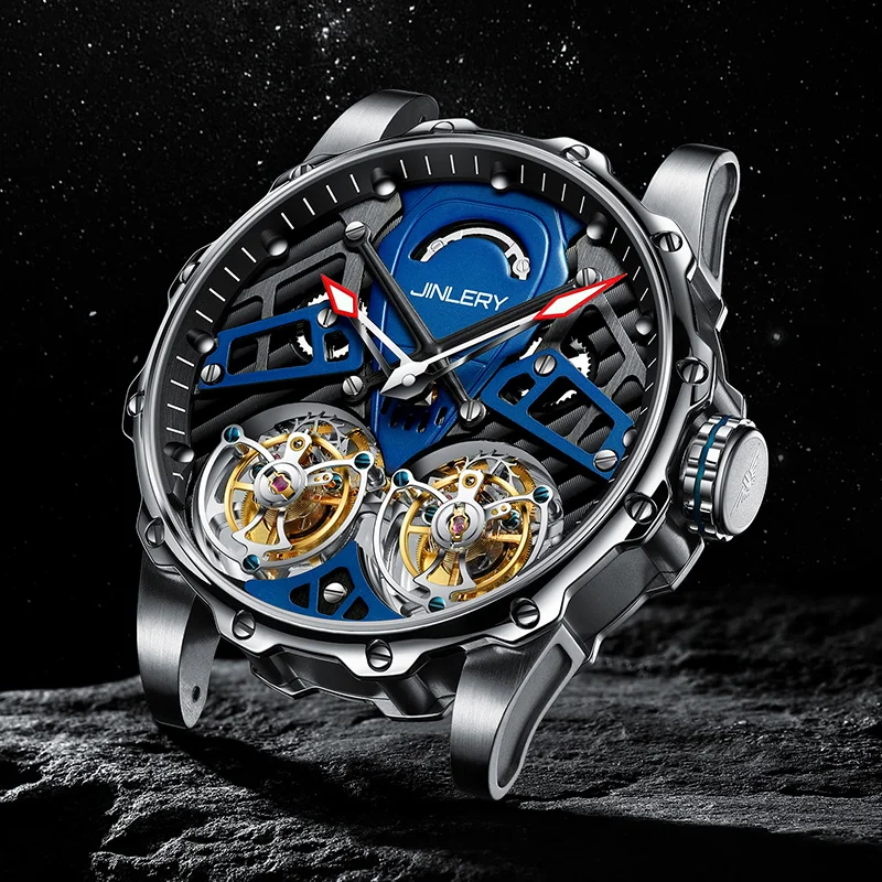 JINLERY New Double Tourbillon Watch for Men Mechanical Men Watch Wristwatch Luxury Watch Men Waterproof Clock Timepiece Big Dial