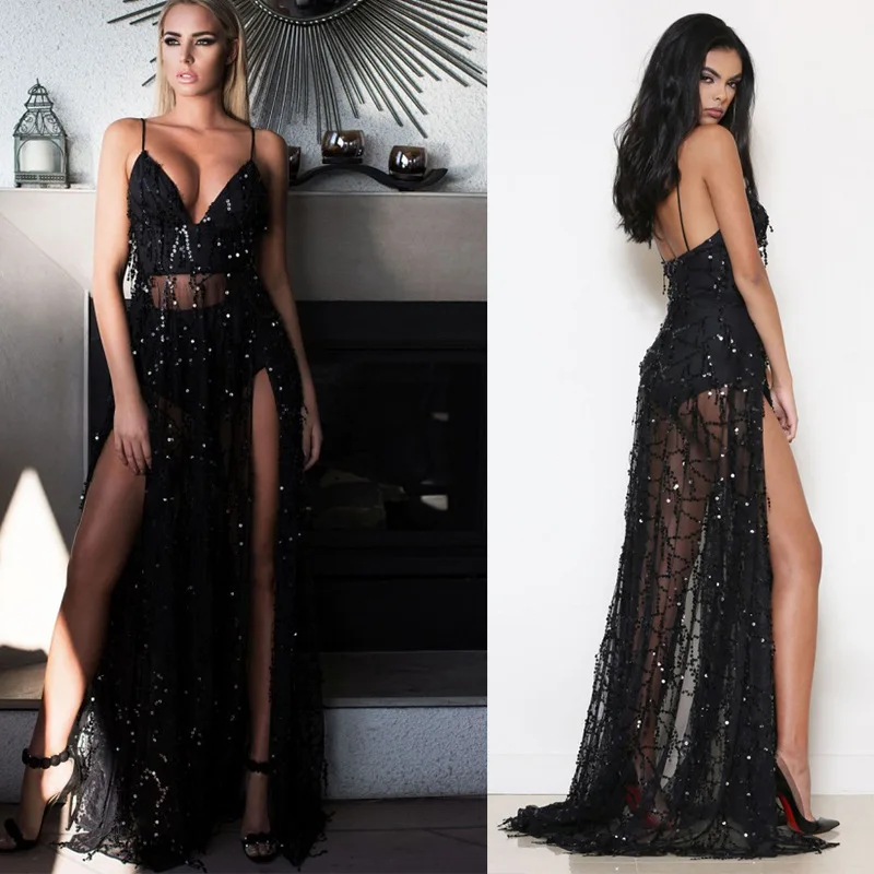 Summer Clothes High Slit Bandage Backless V-Neck Sling Sequins Floor-Length Long Maxi Women Sexy Party Dress