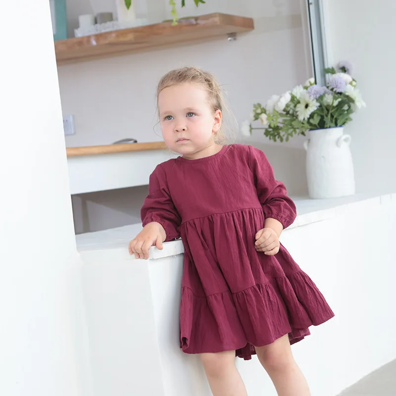 Customize Fall Toddler Cotton Linen Soft Comfortable Skirts Long Sleeve Ruffle Casual Solid Color Simple Girl Dress