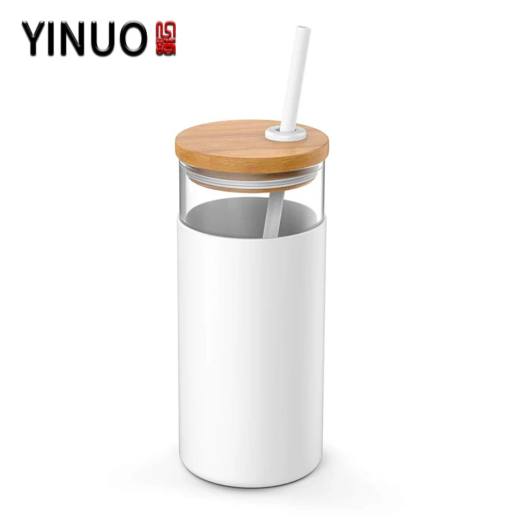 
Glass water tumbler bottle with bamboo lid and silicone sleeve 