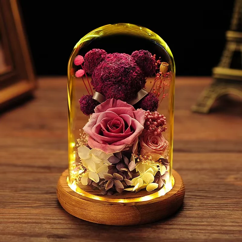 Support Customization Artificial Preserved Roses Flower In Dome Glass