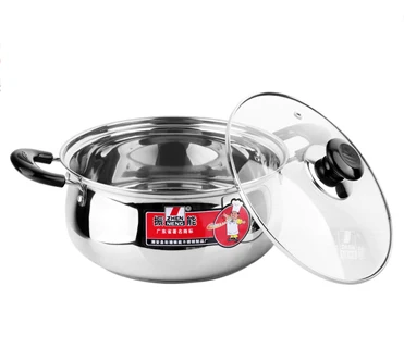 stainless steel cooking pot with glass Lid Riveted  bakelite handle thickened double-bottom drum-shaped soup pot with 22cm