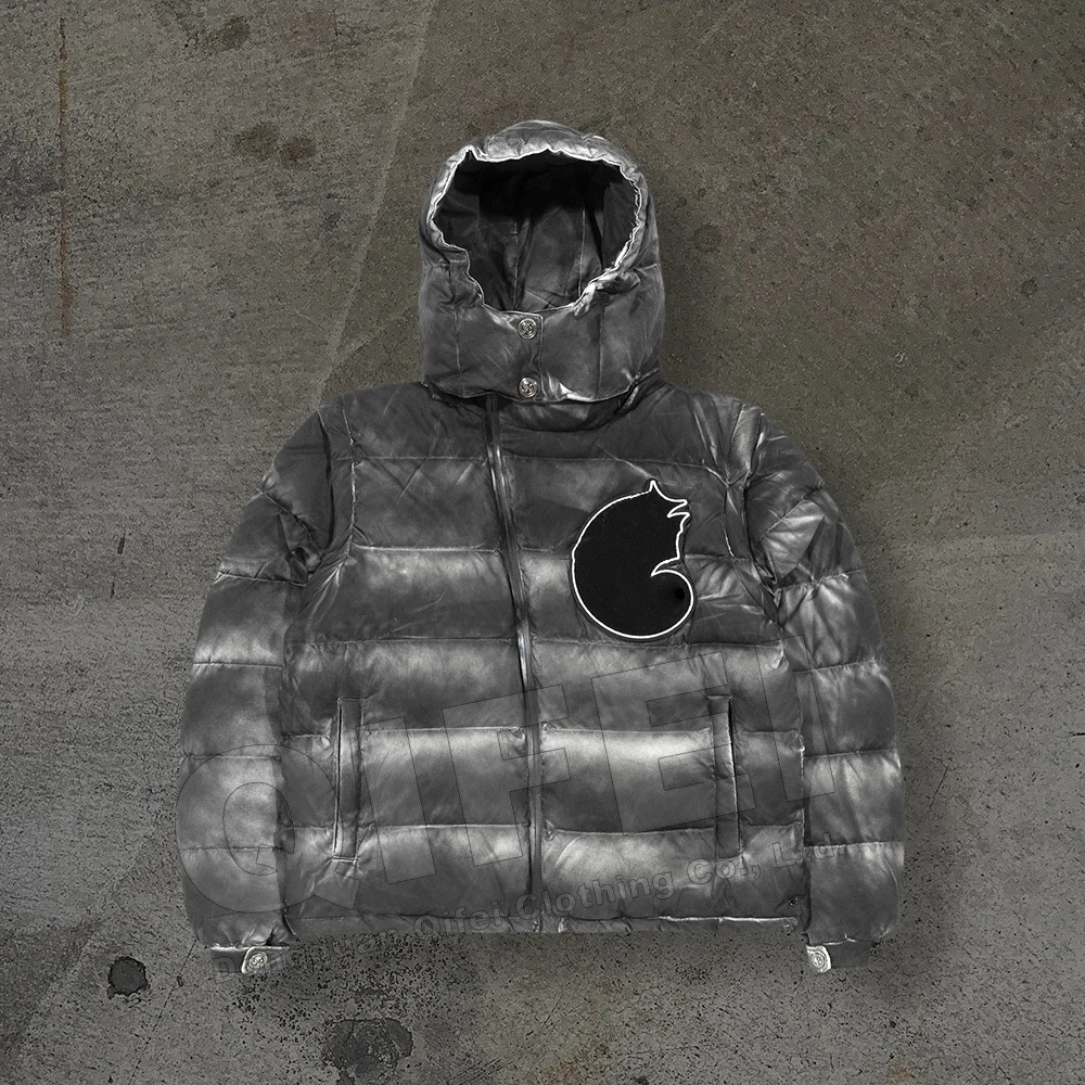 Custom manufacturer bubble bomber zipper coats cropped chenille embroidery winter down puffer jacket with removable hood