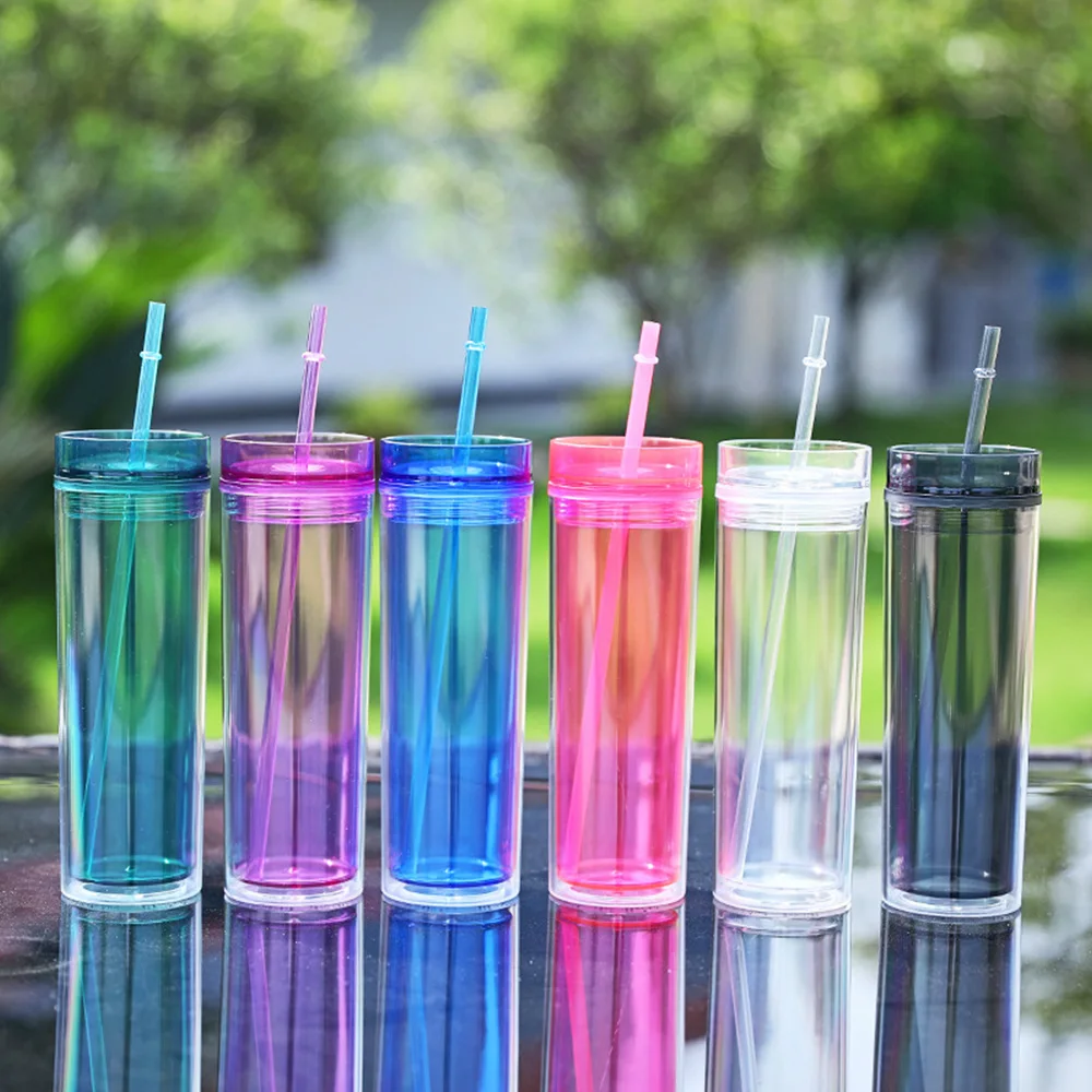 Wholesale 16oz Double Wall Plastic Matte Tumbler with Straw, Reusable Customizable Hologram Glitter Drinking Cup