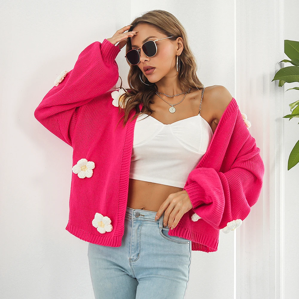Hand-made autumn and winter three-dimension embroidery flower lantern sleeve loose knit sweater cardigan coat female