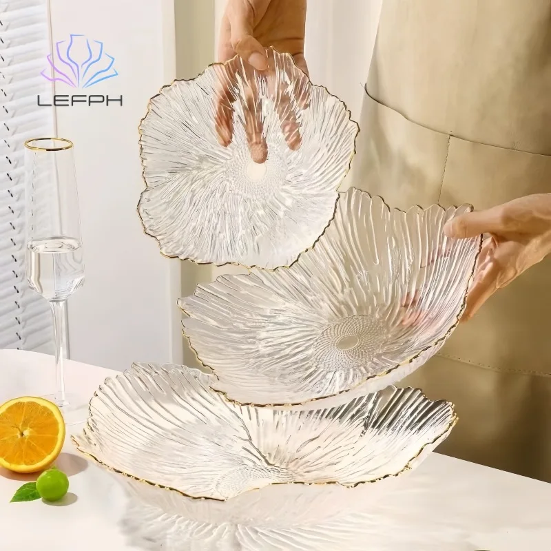 flower shape Light Luxury Creative gold rimmed Transparent clear tableware Glass Plate fruit salad dinnerware  for decor