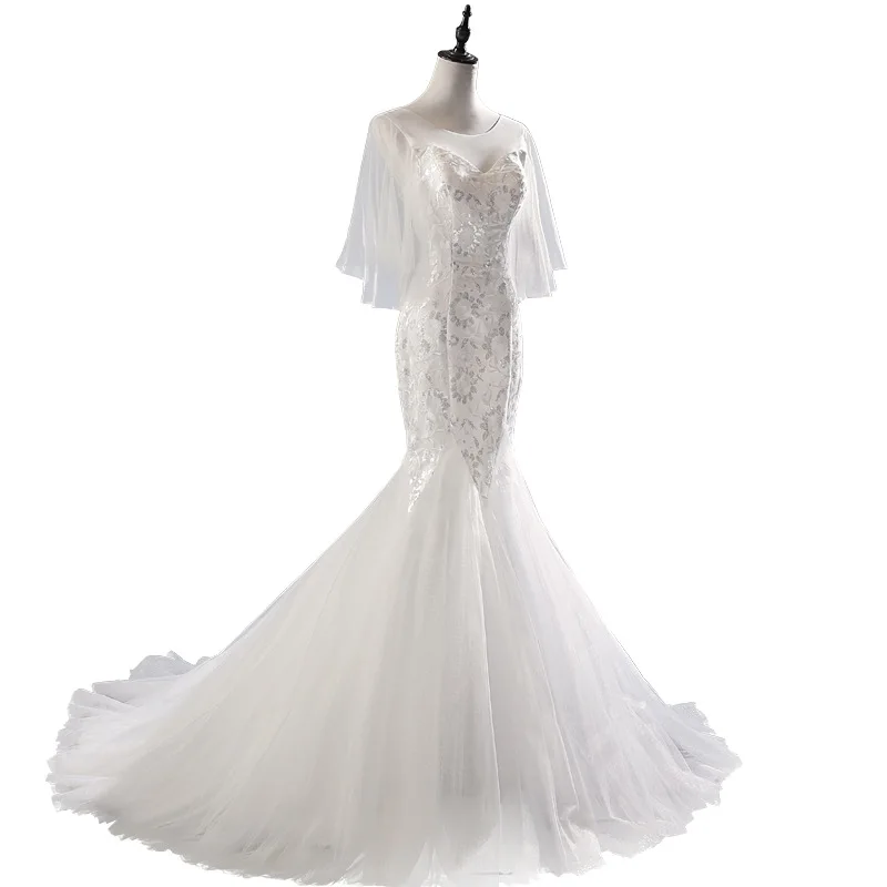 2019 Real Photo Short Batwing Sleeve Mermaid Gown sweep train lace up back Fish Tail wedding dress