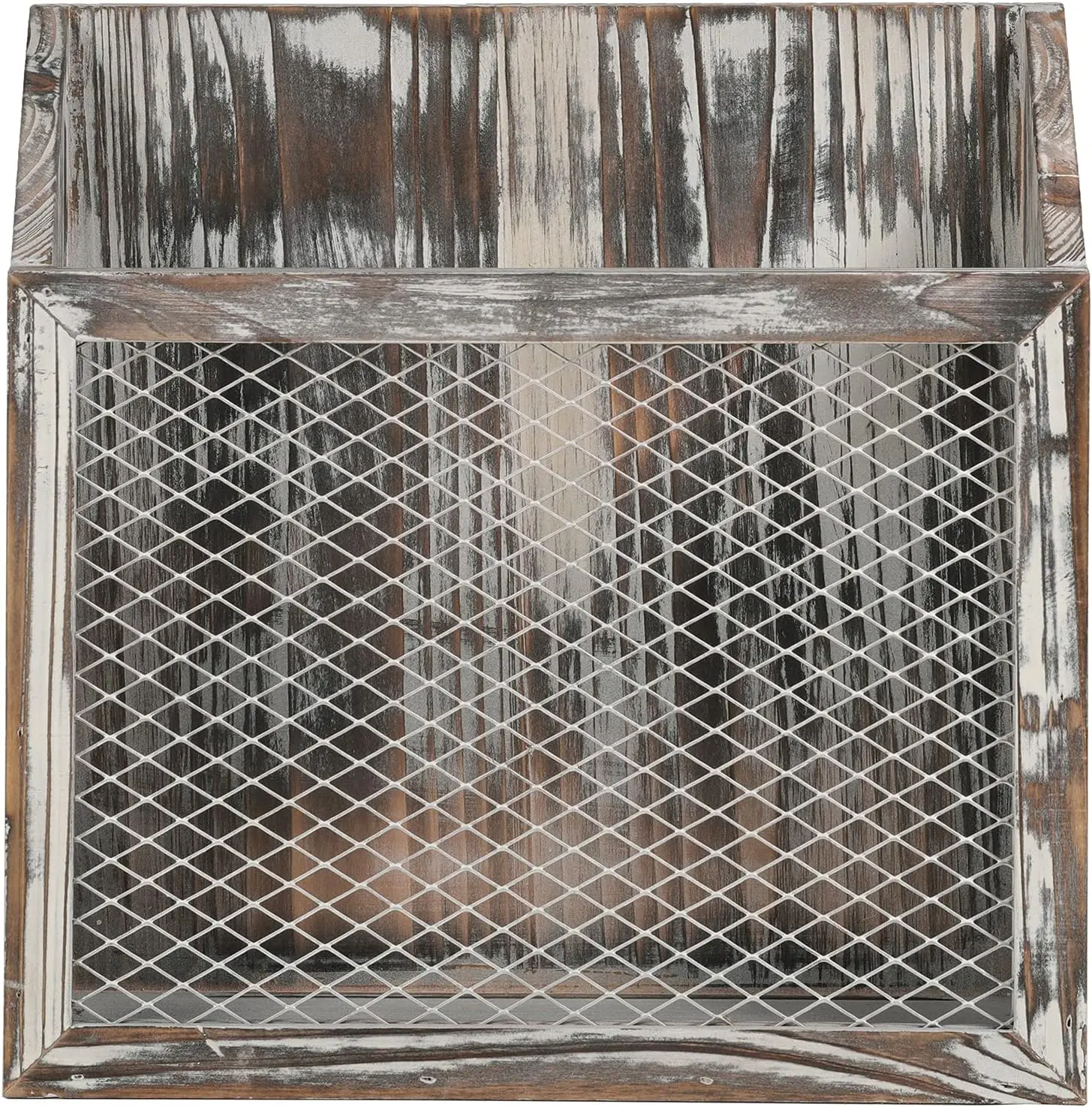 Rustic Magazine Holder Torched Wood and Chicken Wire Design Wall Mounted Farmhouse Home, Bathroom, Office Magazine Rack