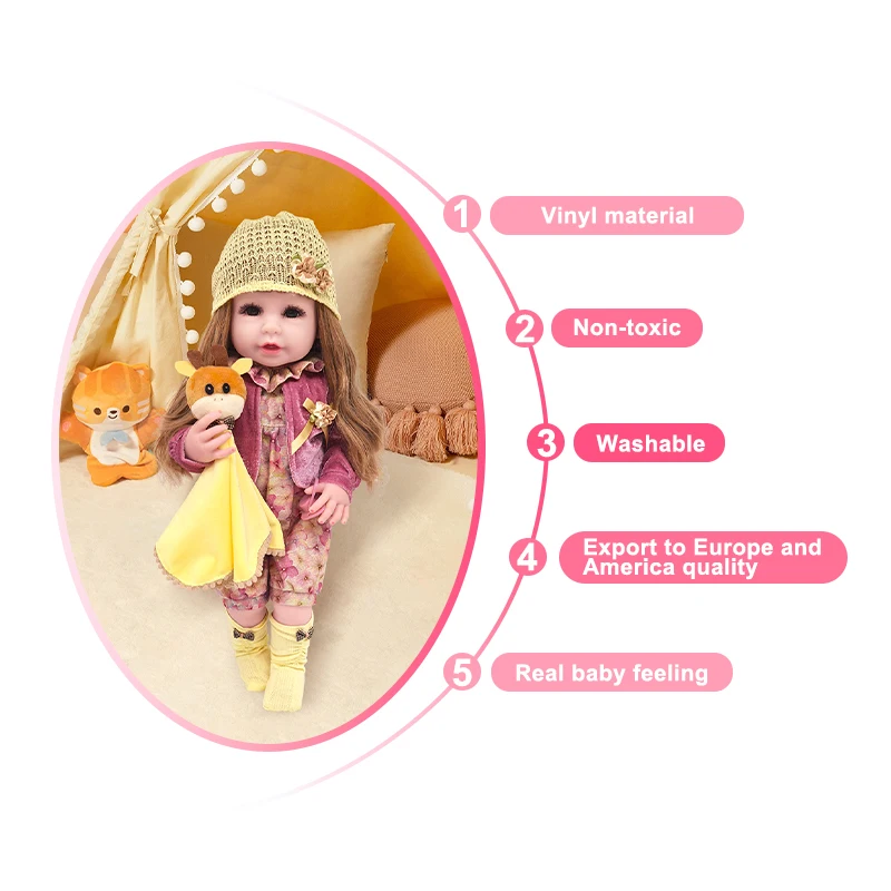 Cheap Realistic 100% Vinyl Body 55 CM 22 Inch Brown Long Hair Lifelike Reborn Baby Girl Doll Toy Princess Toddler Bebe