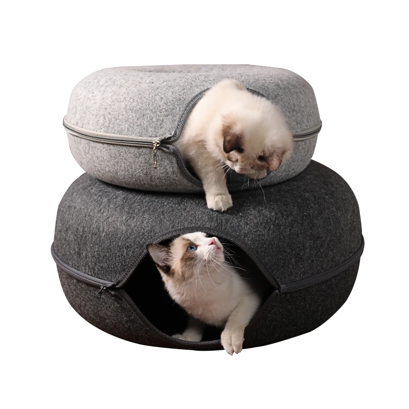 Wholesale luxury round eco-friendly felt pet beds durable double-storey house cat tunnel bed sceptile plush felt pet dog cat bed