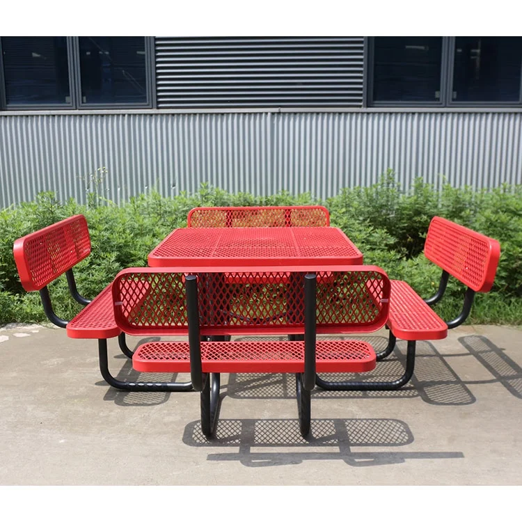 outdoor public commercial steel square picnic table with backrest bench restaurant outside metal table and chair for event