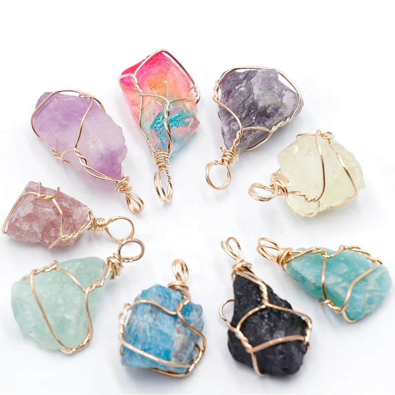 wholesale natural crystal irregular stone necklace Wire winding Pendant Raw gemstone Rough crystal birthstone charms pendant