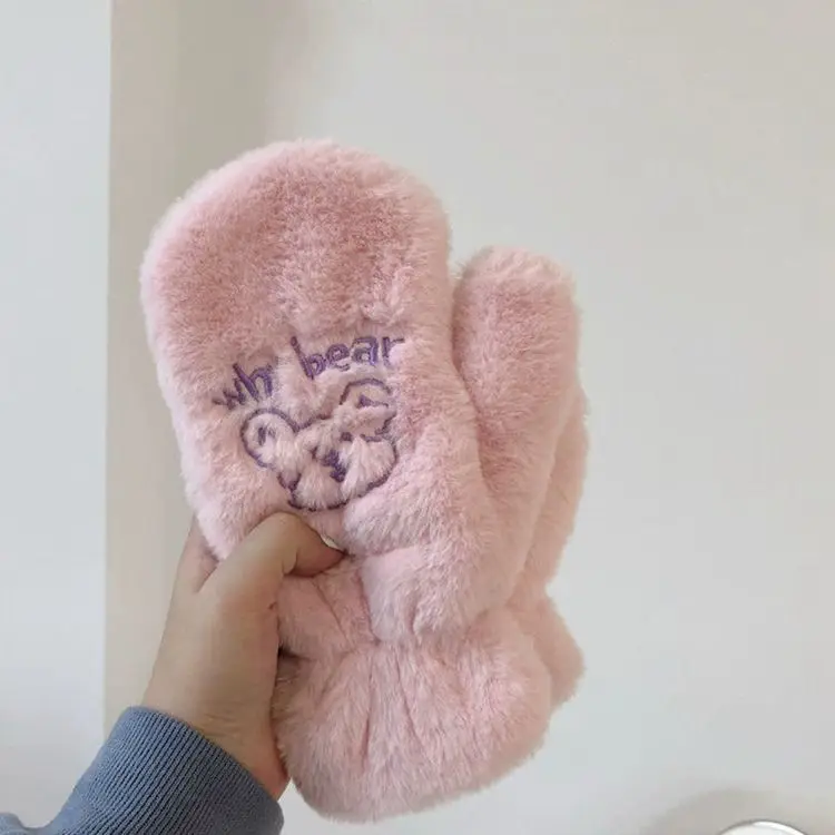 Женские милые толстые зимние плюшевые перчатки с милым медведем теплые для верховой езды варежки