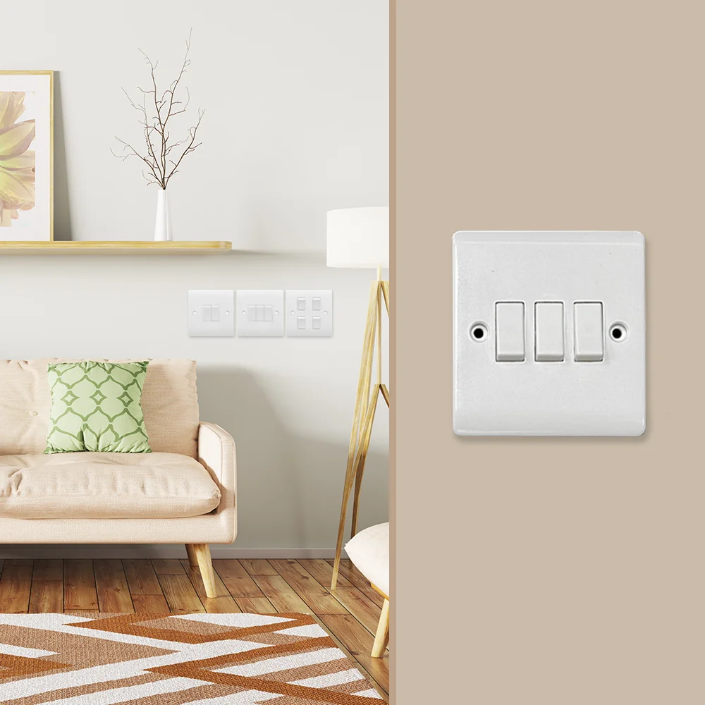 Wholesale UK Standard White Color PC Material Plate 3 Gang 1 2 Way Press Wall Switch