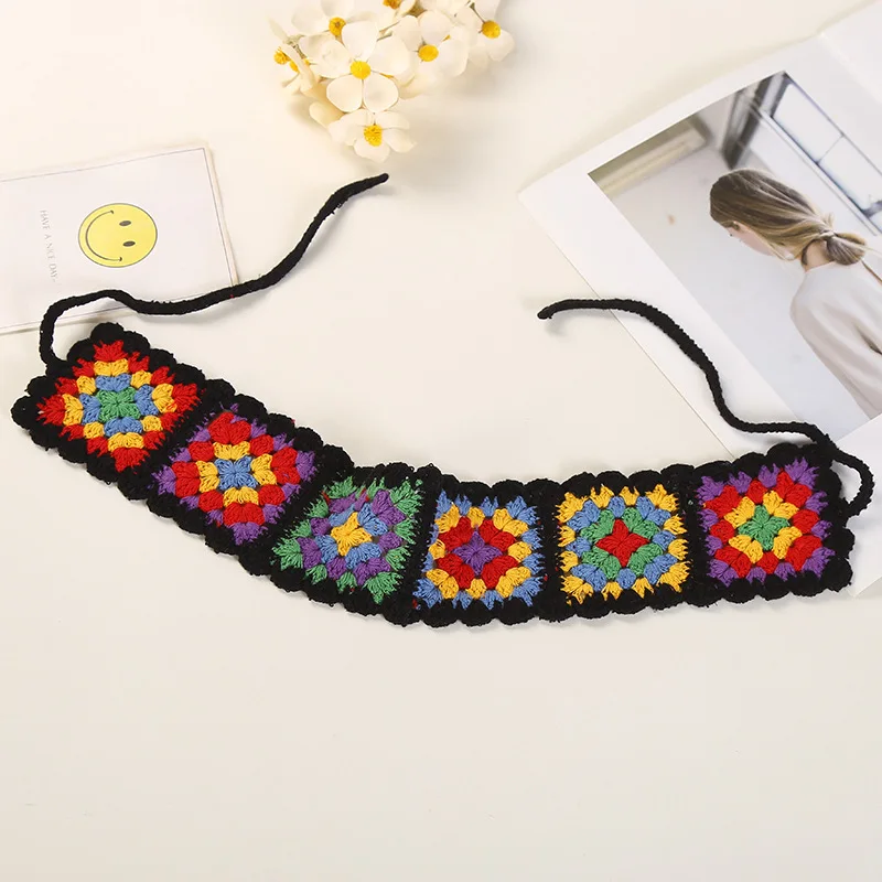 Hot Sale Wide Stretch Handmade Hair Elastic Band Color Knitted Headband Crochet Hair Bands For Women Flower Hair Accessories