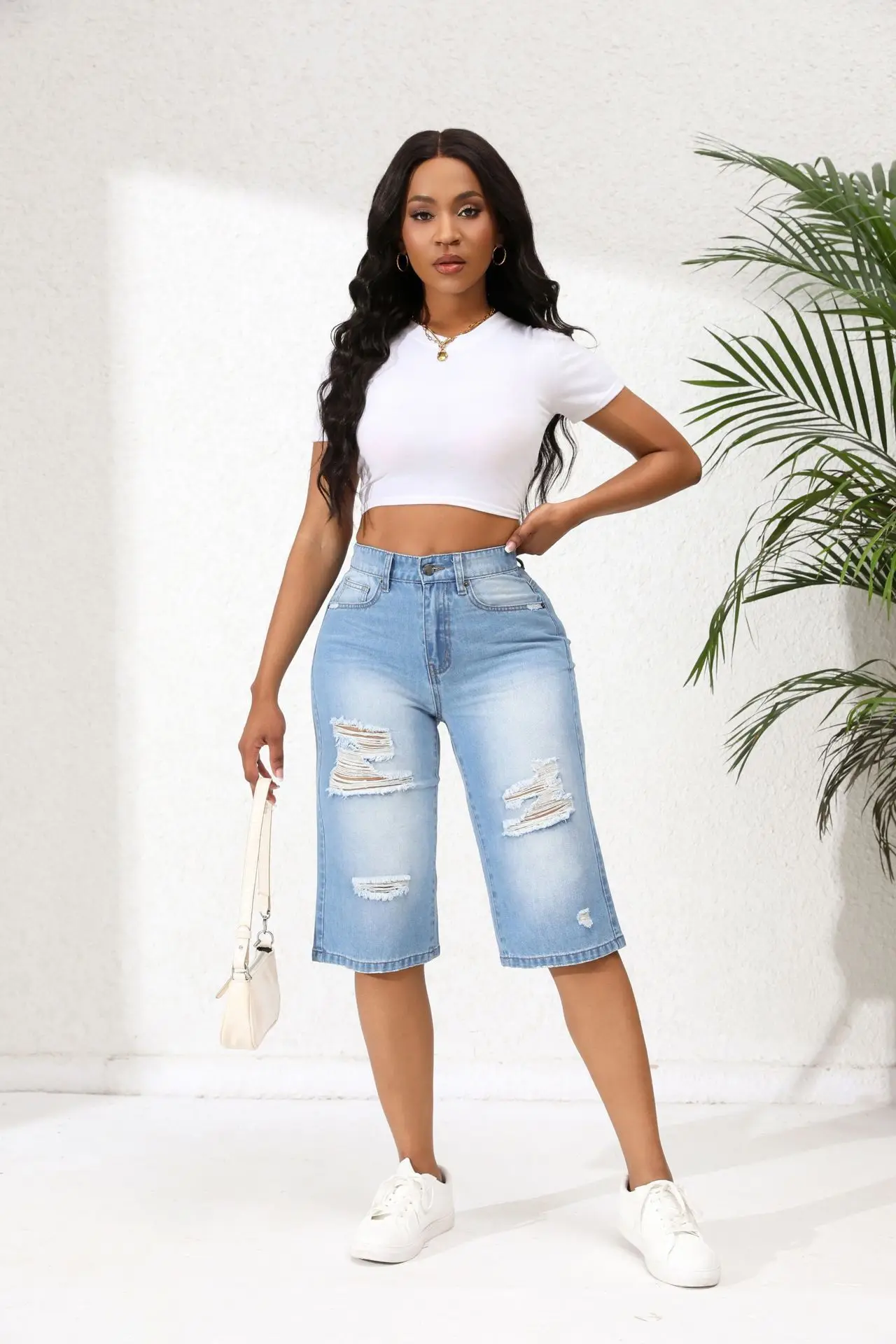 Stretchy cool stylish denim distressed ladies women shorts jeans half pant