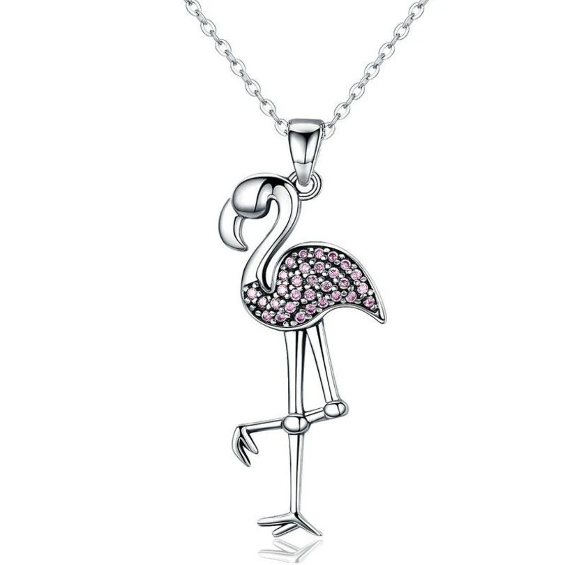 
Woman antique pink flamingo design kids jewellery 925 Sterling Silver CZ diamond pendant jewelry 