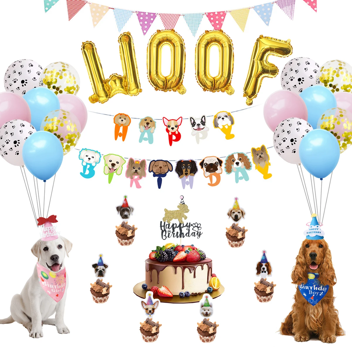 Rainalley Dog Party Decorations Hat Happy Birthday Banner Paper String Cake Topper Latex Balloon Dog Birthday Party Supplies