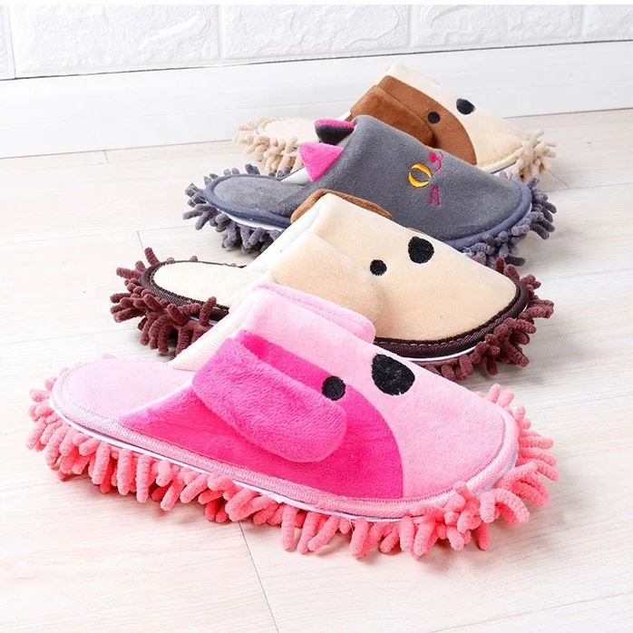 Cute Puppy Cleaning Slippers Microfiber Washable Dusting Shoes Mop for Floor Hair House Baseboards Adult Winter