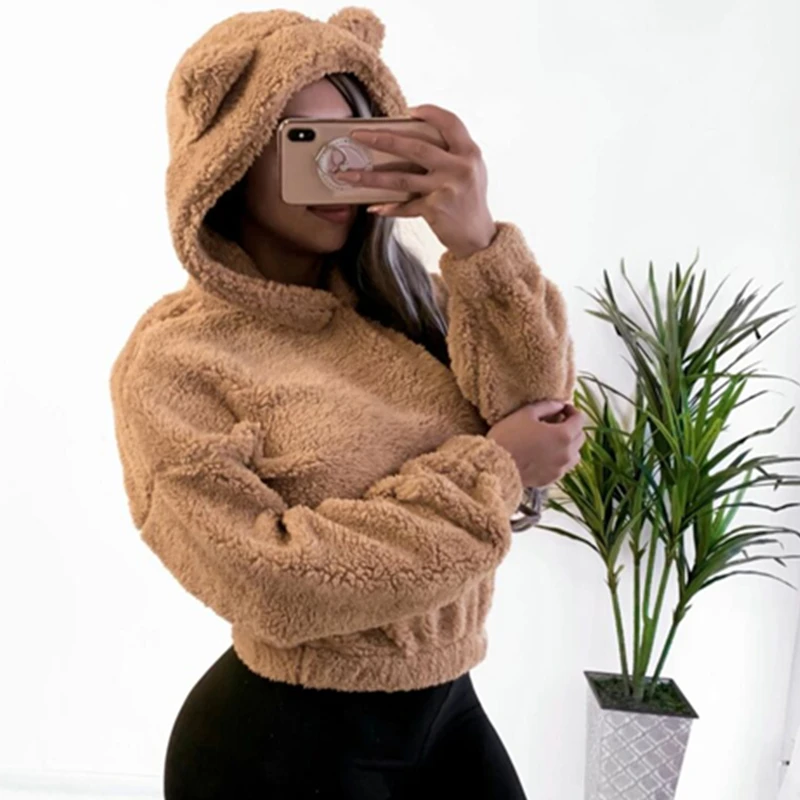Womens Teddy Bear Ear Faux Fur Hoodies Sweatshirts Ladies Jumper Pullover Crop Tops Winter Warm Hoodie Fluffy Fleece Coat Sweats