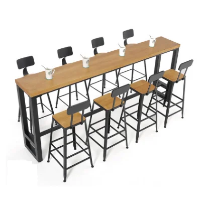 
American style iron solid wood small round square table dining milk tea coffee bar high foot table and chair combination 