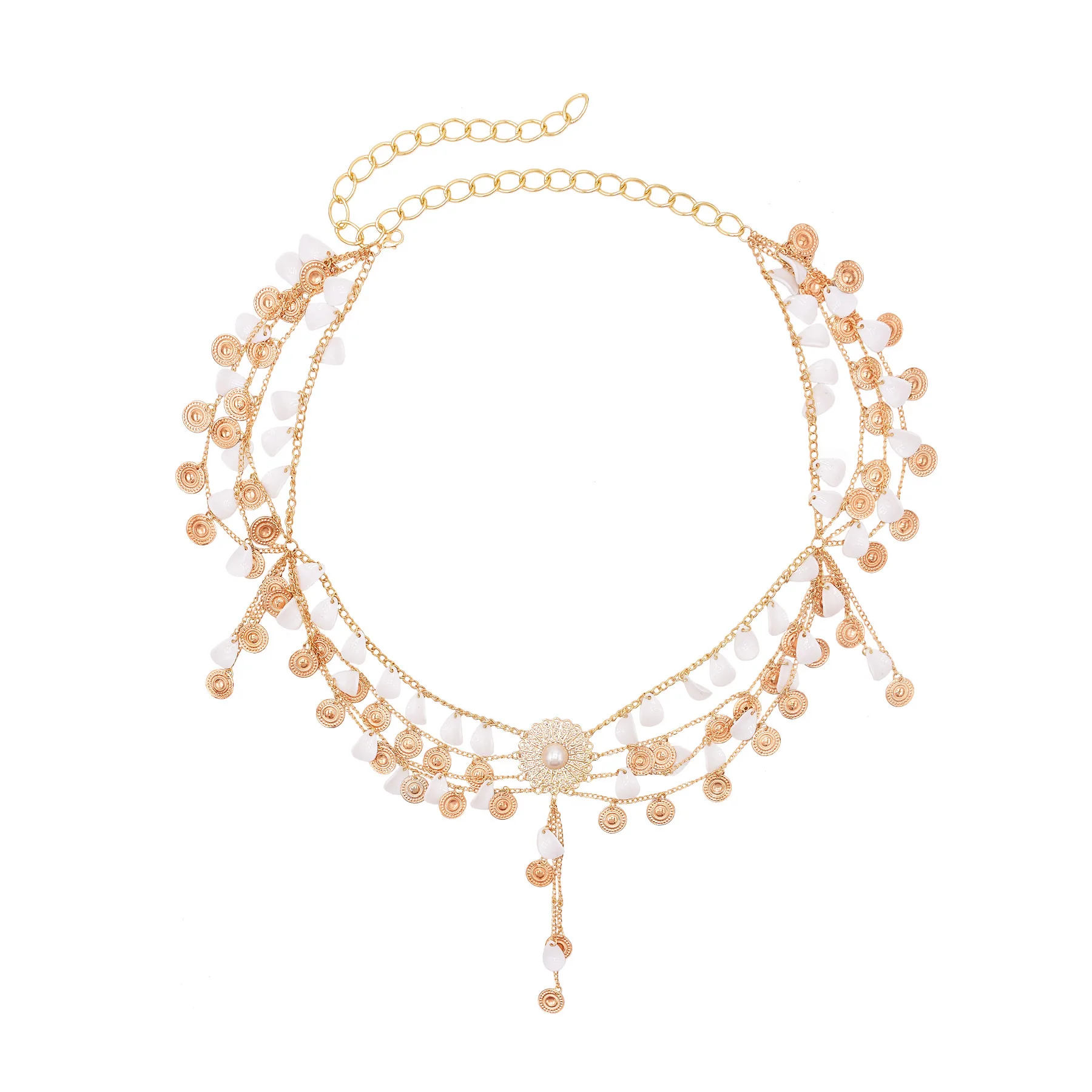 Exquisite Ethnic Style Acrylic Petal Coin Tassel Imitation Pearl Alloy Flower Waist Belt Chain Multi-layer Body Chain for Women