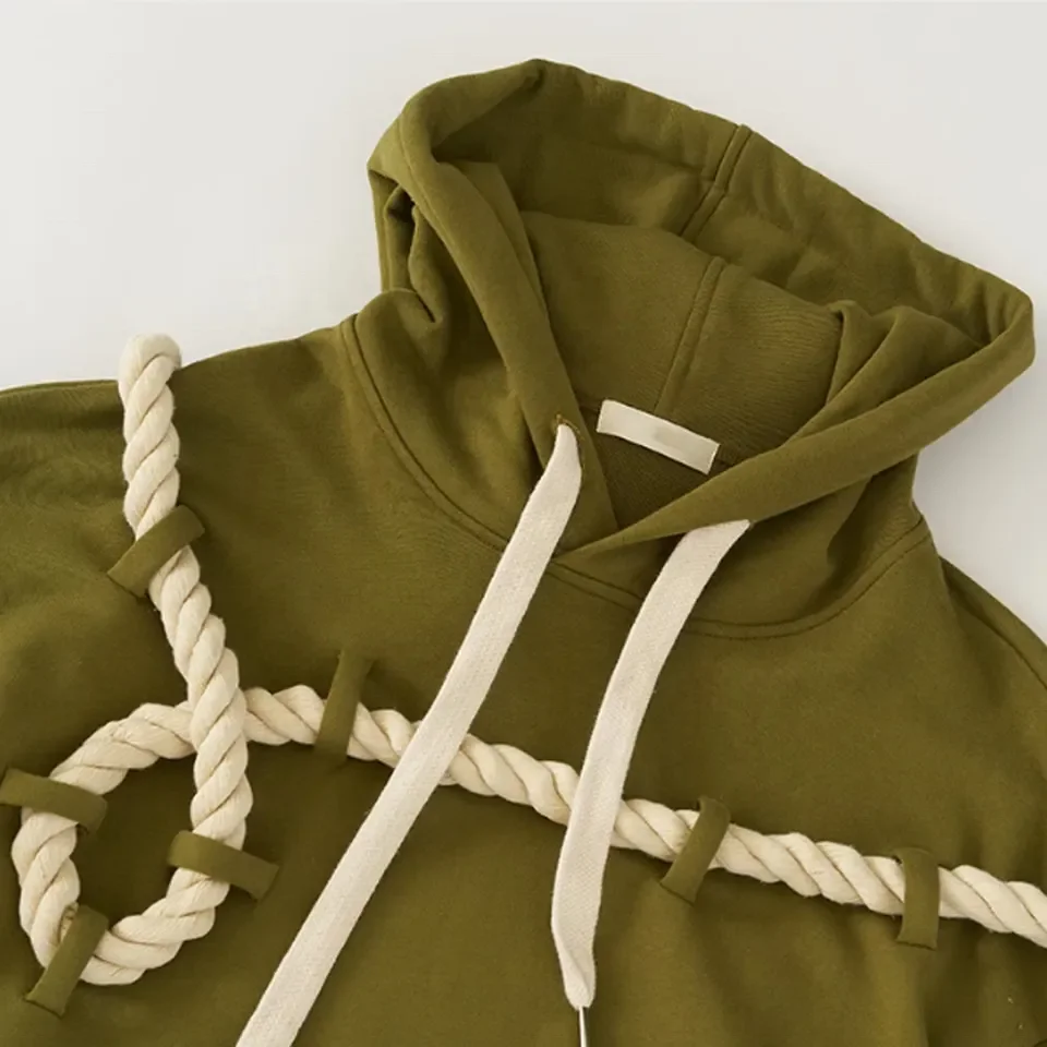 factory detachable coarse hemp rope knitted hoodie thick removable drawstring pullover oversized hoodie for men