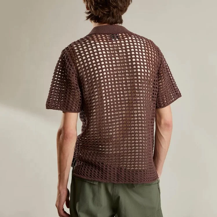 Custom Design Mens Summer Hollow Out Button Up Knit Sweater Short Sleeve Cardigan Knitwear Polo T-shirt Knitted Crochet Shirt