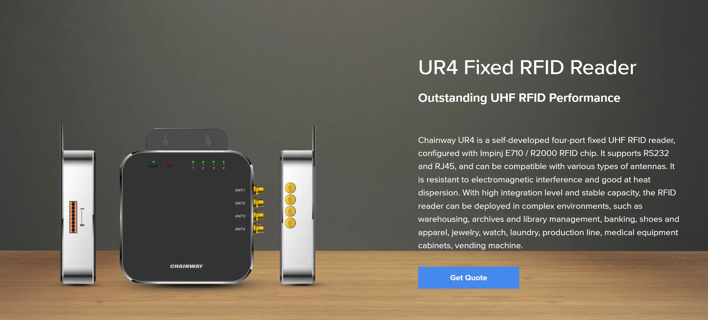 Chainway UR4 four-port fixed UHF RFID reader configured with Impinj E710 / R2000 supports RS232 and RJ45