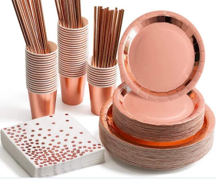 Disposable tableware party supplies hot stamping Gold birthday party tableware set
