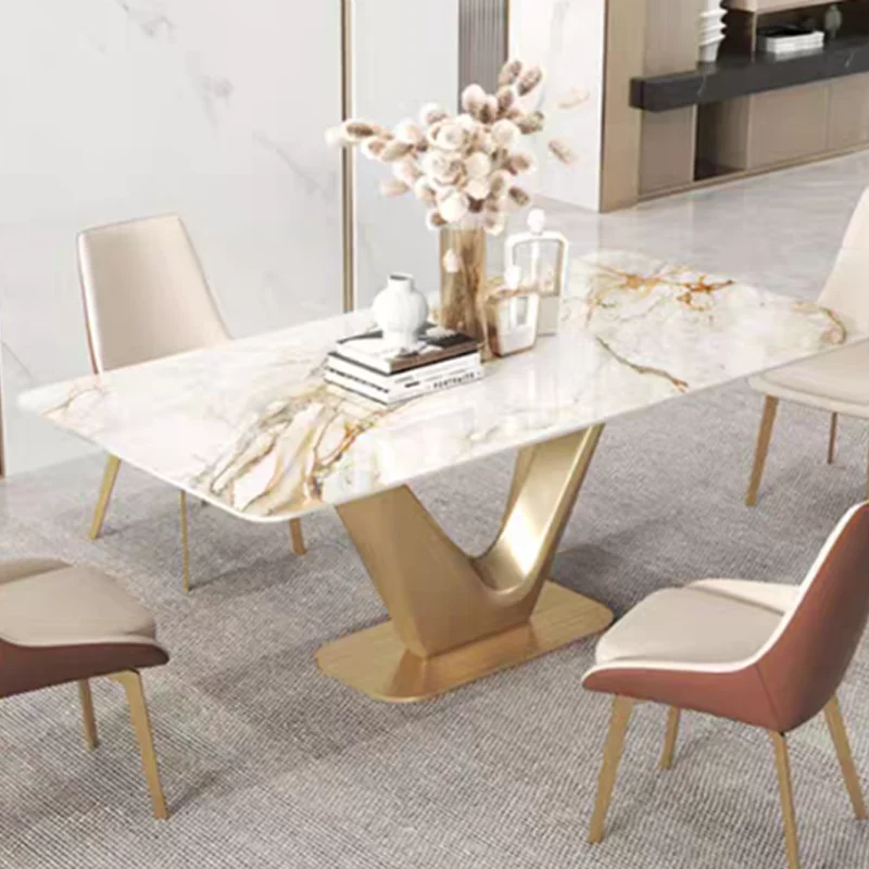 wholesale luxury dinning table set with grey solid marble top and 6 chairs stainless steel chrome dining table