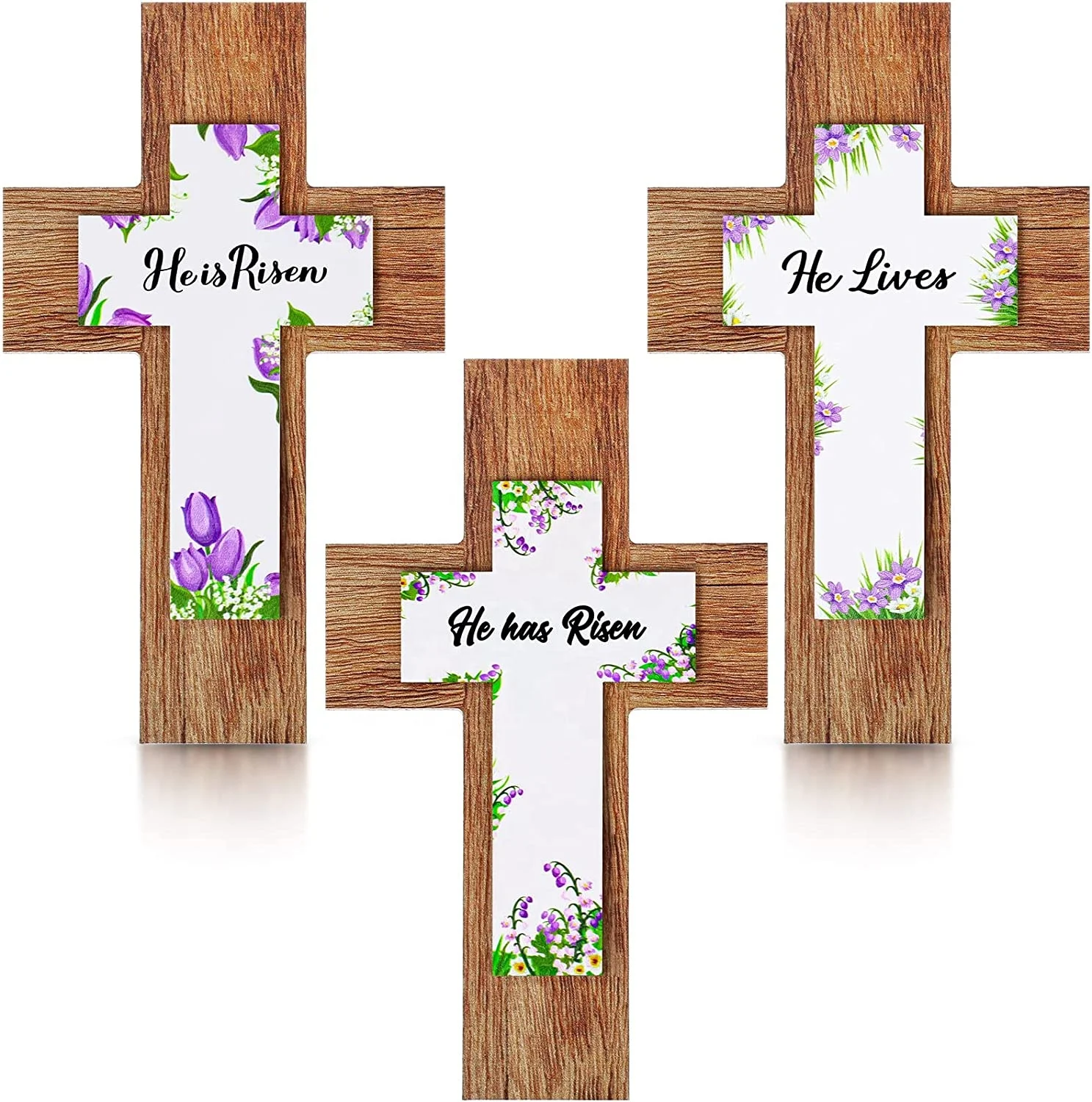 3pcs Easter Wooden Cross Flower Wall Hanging Cross Christians Lives Risen Easter Jesus Cross Door Sign Spring Decor