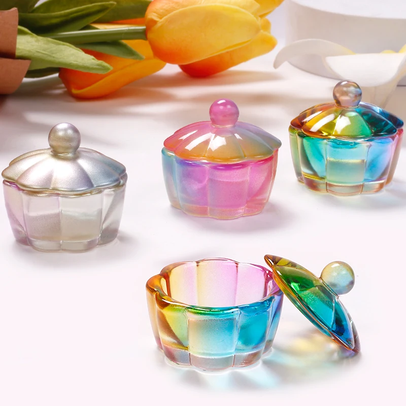 2022 New Arrival Aurora Dazzling Colorful Flower Shaped Nail Crystal Cup Acrylic Liquid Powder Dappen Dish Glass Bowl