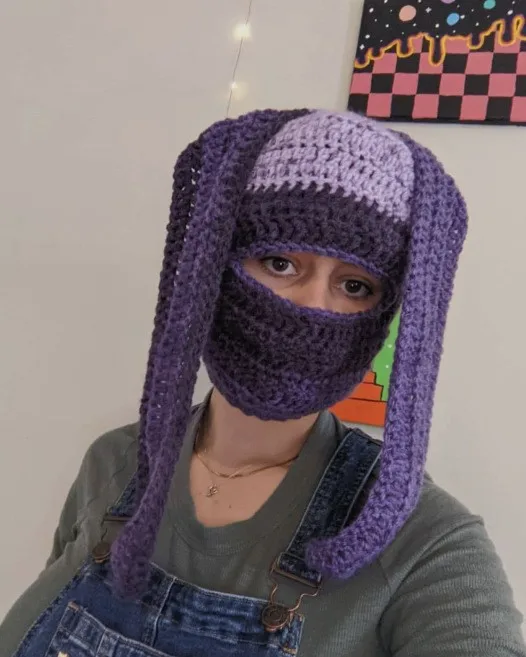 Unisex Y-F Warm Beanie Bunny Ears Knitted Bucket Skull Hat with Long Ears Rabbit Balaclava Hood for Casual or Party Style