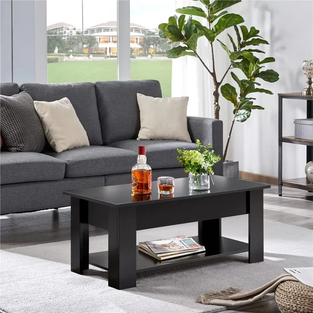Height-Adjustable Coffee Table with Concealed Compartment and Storage Shelves Lift-Table Table Black