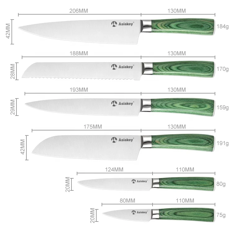 Asiakey Green Pakka Wood Handle 7pcs Knife Set with Magnetic Knife Block Holder