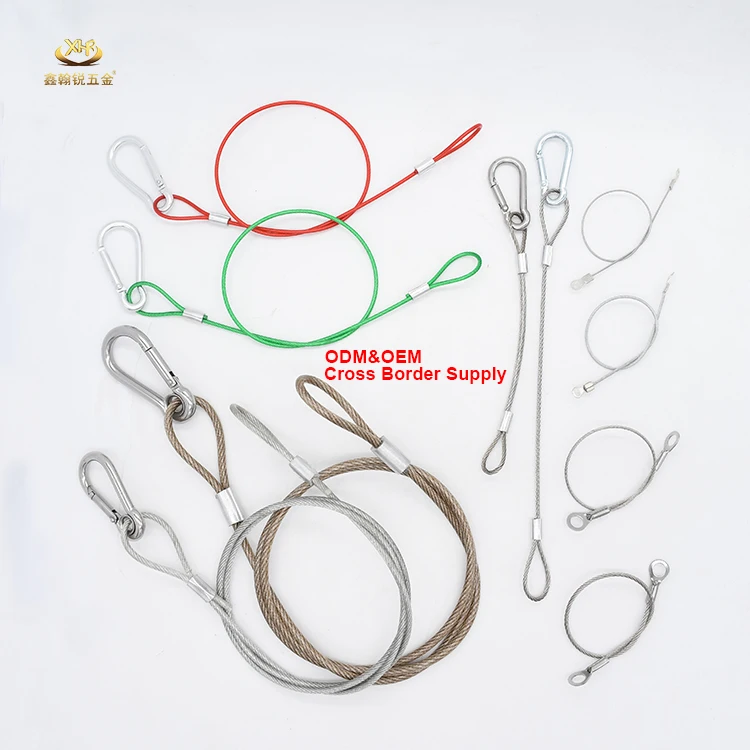 Custom Safety Cable Strong Fastened Eye Loops Carabiner Stainless Steel Wire Rope Sling