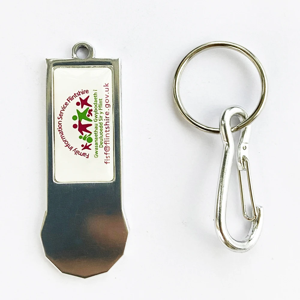 One Euro Size Trolley Coin Keychain With Custom Domming Offset Printed Logo