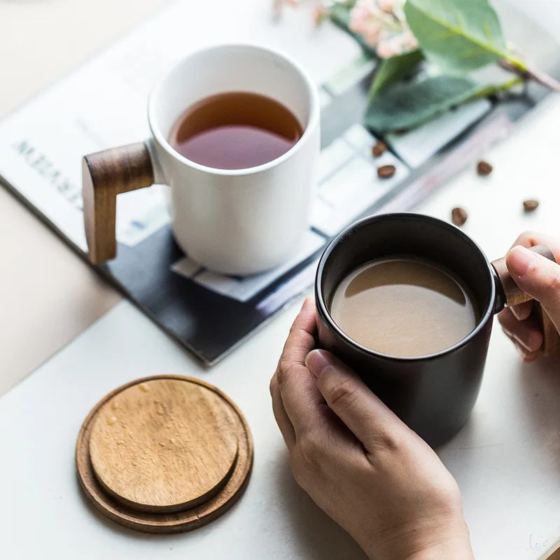 
customized bamboo wooden handle mug coffee wood handle ceramic mug wooden handle with lid 
