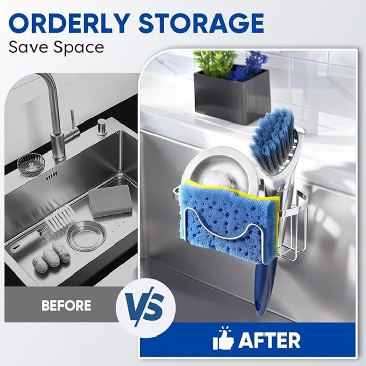 Multifunctional stainless steel M-Shape kitchen sink rack - double hanging organizer, sponge and brush drainage rack