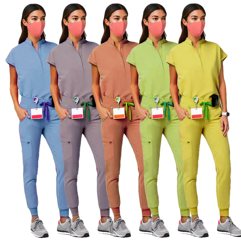 2021 New Style Nursing Scrub Hospital Uniforms Polyester Rayon Spandex Stretchy Fabric Medical Scrubs Set Nursing Clothing