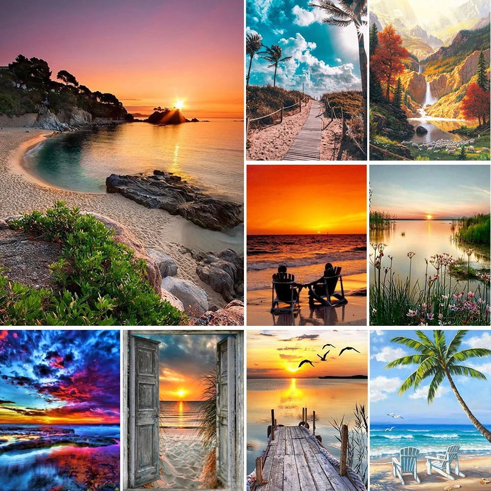 
5D DIY Diamond Painting Landscape Sunset Sea Kit Full Drill Square Embroidery Mosaic Art Picture of Rhinestones Home Decor Gift 