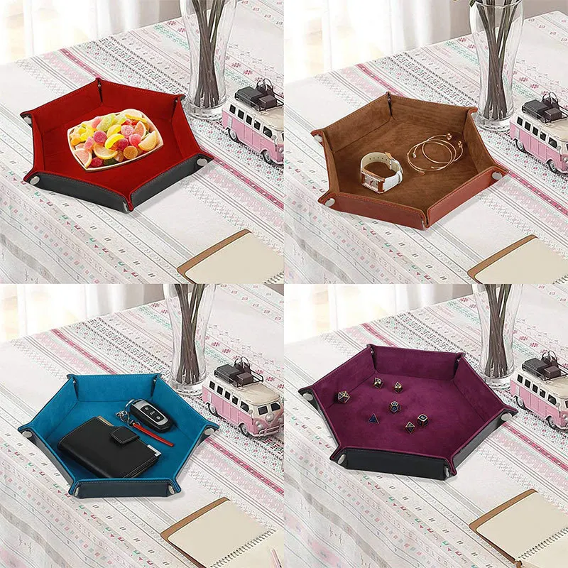 Pu Leather Velvet Dice Game Hexagon Dice Storage Tray For Table Key Wallet Coin Storage New Arrival Double Sided Solid Color