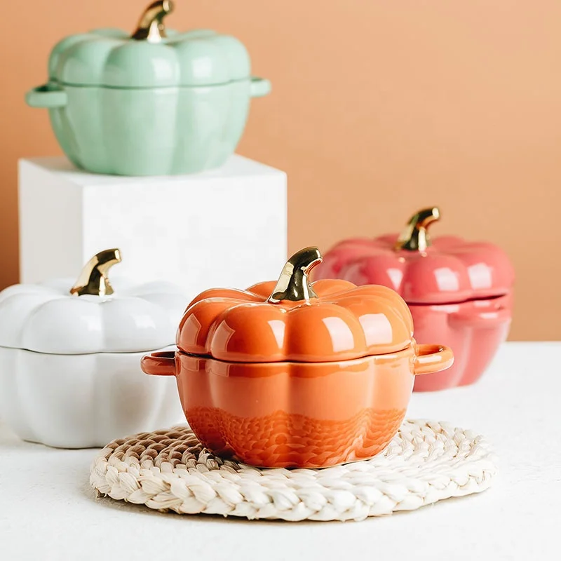 
Jade-cer glazed pumpkin shape ceramic two handles soup bowl with lid for restaurant 