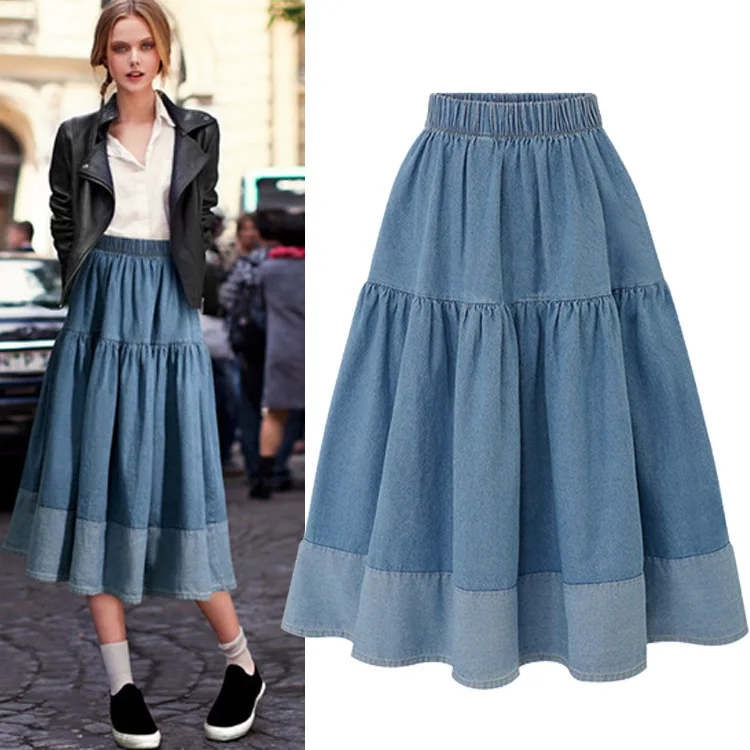 Custom Elegant Casual High Waist Women Pleated A Line Midi Length Skirt Patchwork Elastic Ladies Denim Skirts Faldas Para Mujer